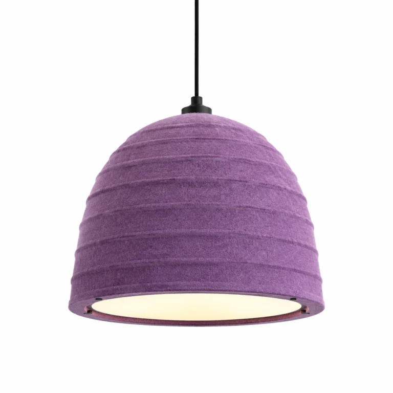 Purple Dome PET felt acoustic pendant light on a white background