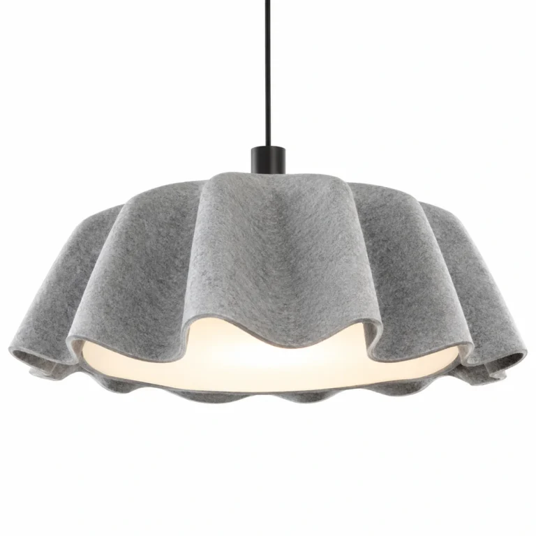 Grey Wave PET felt acoustic pendant light on a white background