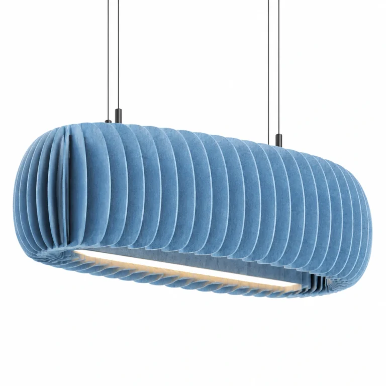 Blue Baffle PET felt acoustic light on a white background