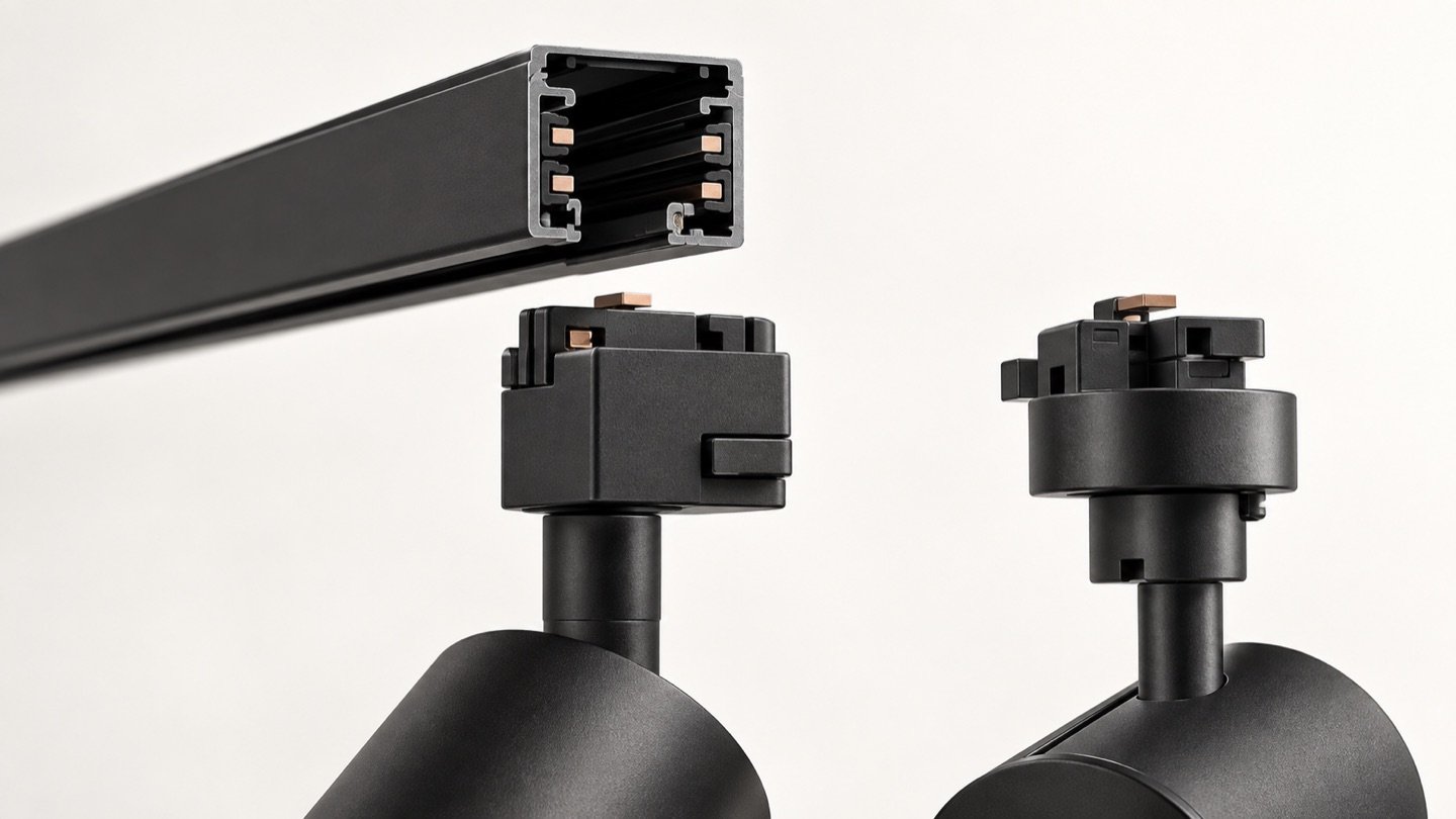 Original technical illustration of a black track rail cross-section and two different track-light adapters for compatibility checking.